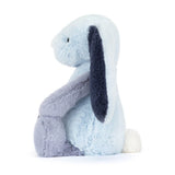 Soft plush stuffed animal of a light blue and gray bunny with long ears and a white fluffy tail, designed as Bashful Puddlesea Bunny Original for cuddly toddler toys.