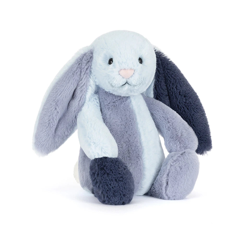Bashful Puddlesea Bunny Original is a soft, plush stuffed animal with light and dark blue tones, perfect as a cuddly toddler toy or kid's birthday gift.