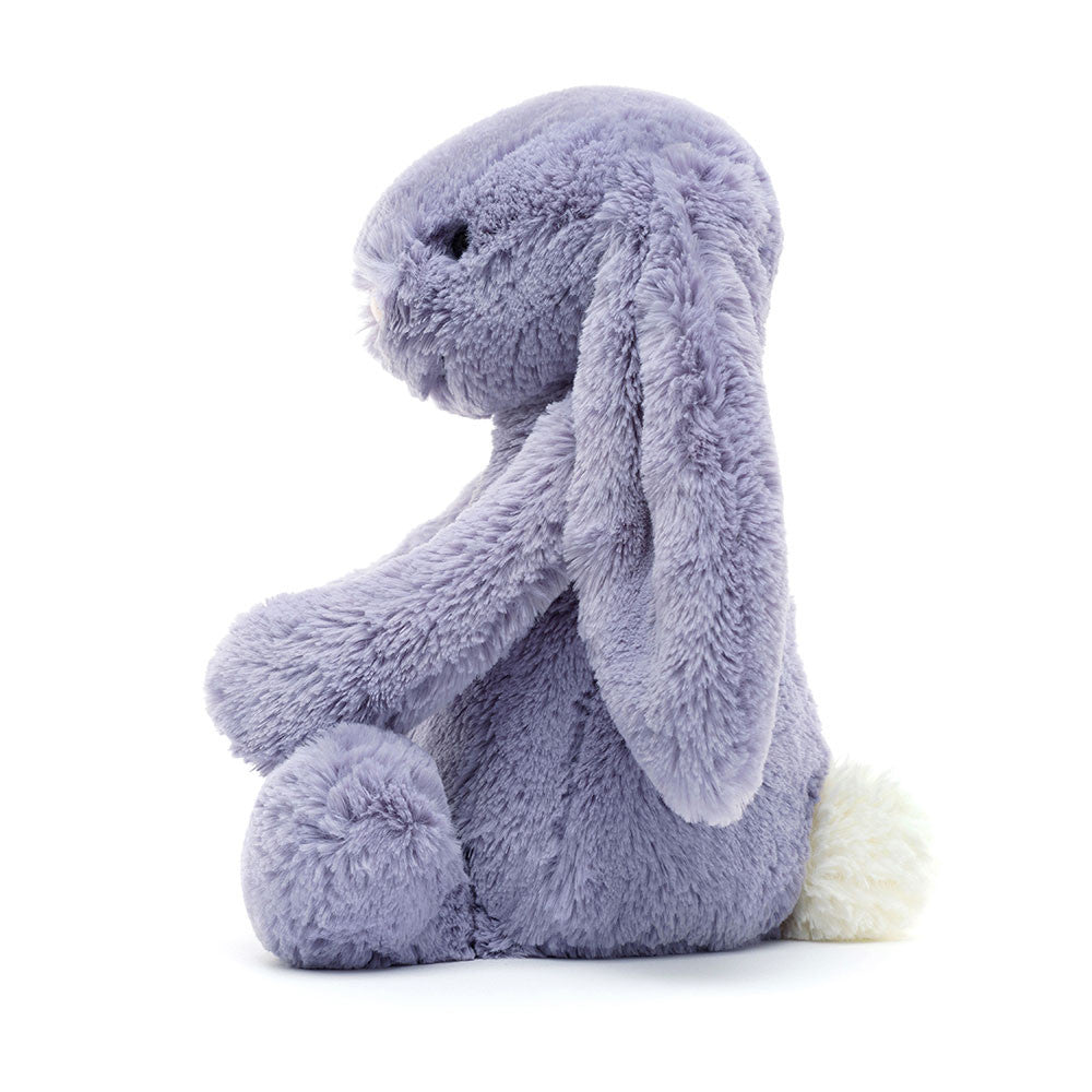 Bashful Viola Bunny Medium is a soft, lavender plush with long floppy ears and a fluffy white tail, perfect as a cuddly stuffed animal for kids and baby toys.