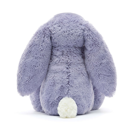 Bashful Viola Bunny Medium plush toy shown from the back, featuring soft purple fur, long floppy ears, and a small white fluffy tail, perfect as a cuddly stuffed animal gift.