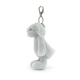Bashful Silver Bunny Bag Charm featuring a soft, light grey plush bunny with long ears and a metal clip for attaching to bags or accessories.