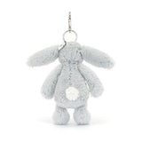 Bashful Silver Bunny Bag Charm fluffy plush keychain in soft silver gray with long ears and a small white tail, perfect for accessorizing bags or backpacks.