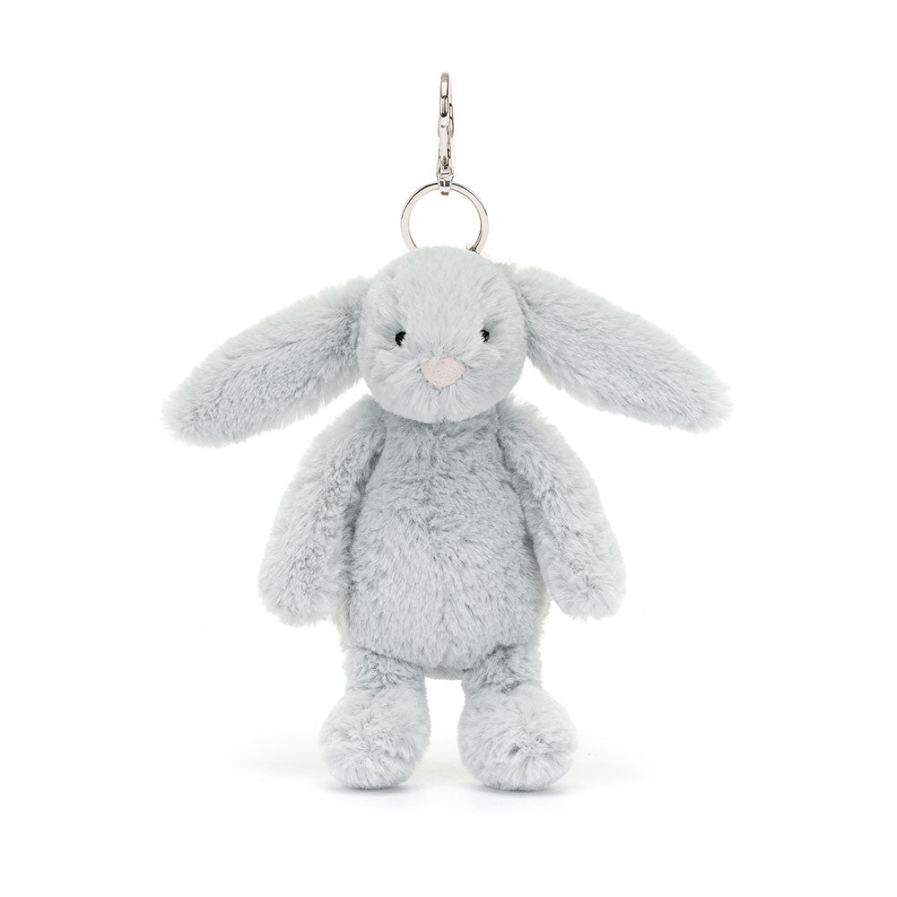 Bashful Silver Bunny Bag Charm soft plush bunny in light silver gray with long ears, black eyes, and pink nose, attached to a silver keyring for bags or keys.