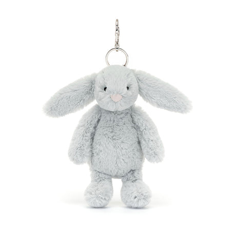 Bashful Silver Bunny Bag Charm soft plush bunny in light silver gray with long ears, black eyes, and pink nose, attached to a silver keyring for bags or keys.