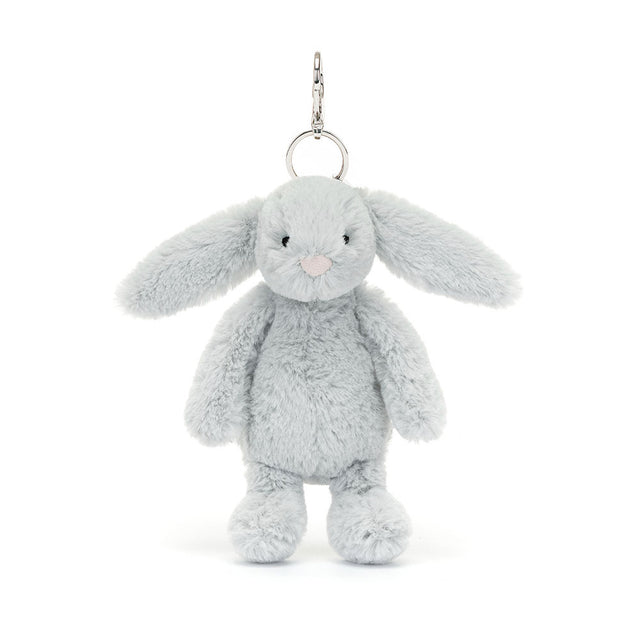 Bashful Silver Bunny Bag Charm soft plush bunny in light silver gray with long ears, black eyes, and pink nose, attached to a silver keyring for bags or keys.