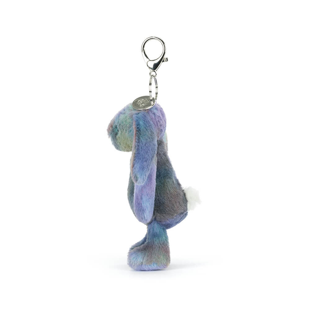 Zodihop Luxe Bunny Bag Charm plush keychain with a tag on a white background