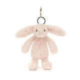 Bashful Blush Bunny Bag Charm soft plush bunny in light pink with long floppy ears, attached to a keyring for easy bag or backpack decoration.