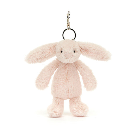 Bashful Blush Bunny Bag Charm soft plush bunny in light pink with long floppy ears, attached to a keyring for easy bag or backpack decoration.