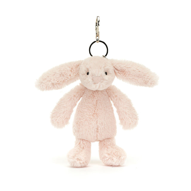Bashful Blush Bunny Bag Charm soft plush bunny in light pink with long floppy ears, attached to a keyring for easy bag or backpack decoration.
