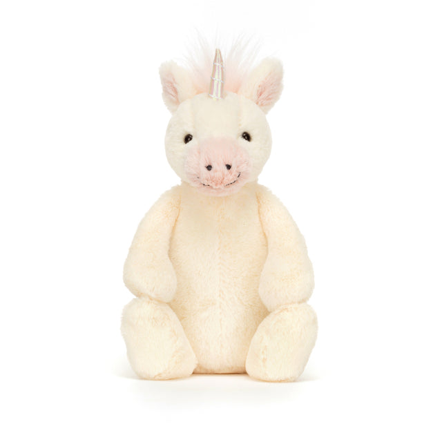 Bashful Unicorn Small plush toy in soft cream with a shiny silver horn and pink accents, perfect as a cuddly stuffed animal for young children.