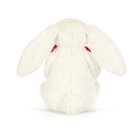 Soft plush Bashful Red Love Heart Bunny shown from the back, featuring long floppy ears and a small round tail, a charming stuffed animal perfect for kids.