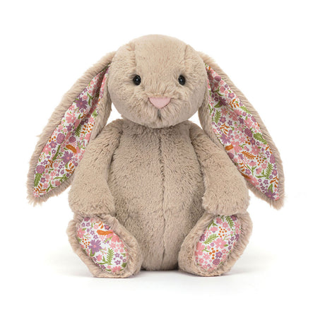 Plush Blossom Beige Bunny 'Petal' toy with floral ears and paws on a white background