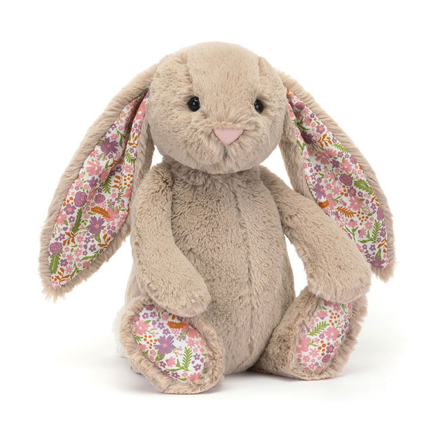 Plush Blossom Beige Bunny 'Petal' toy with floral ears and feet on a white background