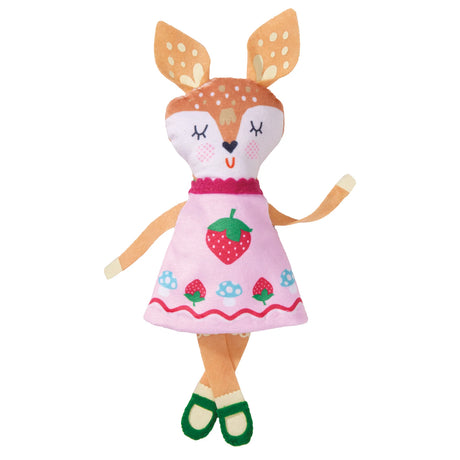 A plush stuffed toy shaped like a smiling deer with tan ears and legs, wearing a pink dress with embroidered strawberries and green shoes, isolated on a white background.