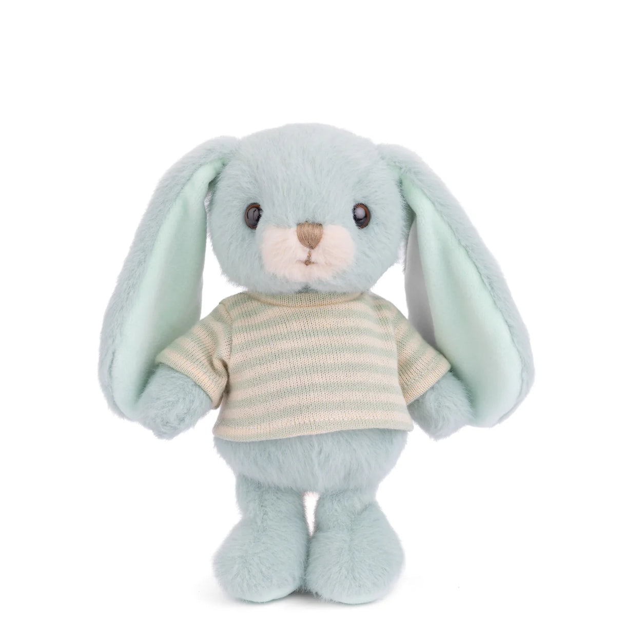 Plush Bouncy Bunny - Blue wearing a striped shirt on a white background
