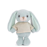 Plush Bouncy Bunny - Blue wearing a striped shirt on a white background