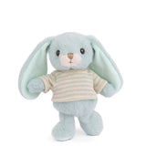 Plush Bouncy Bunny - Blue wearing a striped shirt on a white background