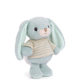 Plush Bouncy Bunny - Blue wearing a striped shirt on a white background