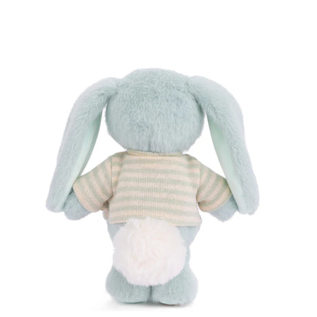 Plush Bouncy Bunny - Blue wearing a striped shirt on a white background