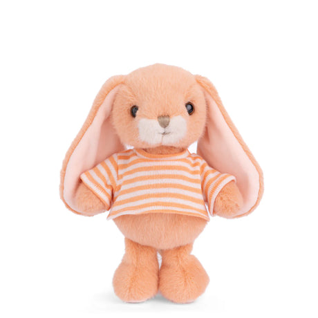 Plush Bouncy Bunny - Orange wearing a striped shirt on a white background