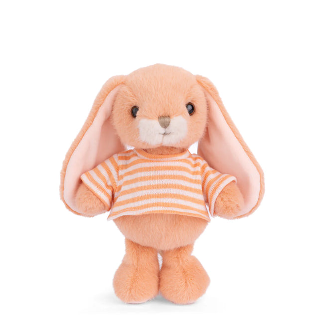 Plush Bouncy Bunny - Orange wearing a striped shirt on a white background