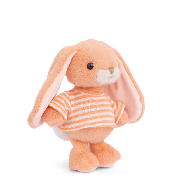 Plush Bouncy Bunny - Orange wearing a striped shirt on a white background