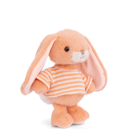 Plush Bouncy Bunny - Orange wearing a striped shirt on a white background