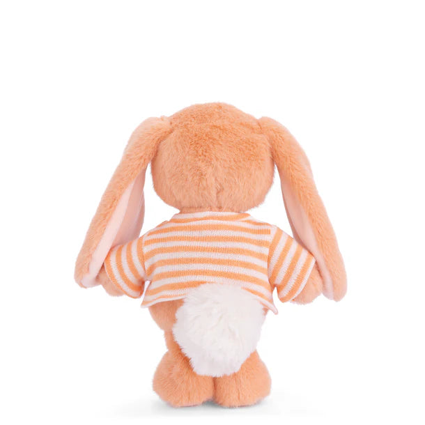 Plush Bouncy Bunny - Orange wearing a striped shirt on a white background