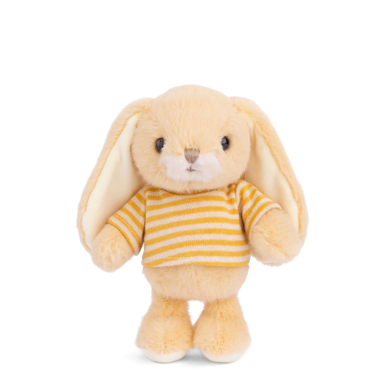 Plush Bouncy Bunny - Yellow wearing a striped shirt on a white background
