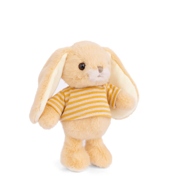 Plush Bouncy Bunny - Yellow wearing a striped shirt on a white background