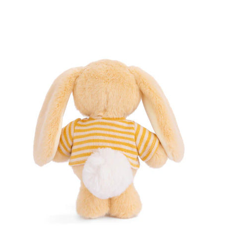 Plush Bouncy Bunny - Yellow wearing a striped shirt on a white background