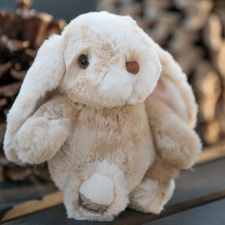 Plush Kanini - Taupe bunny toy with a blurred background of pinecones
