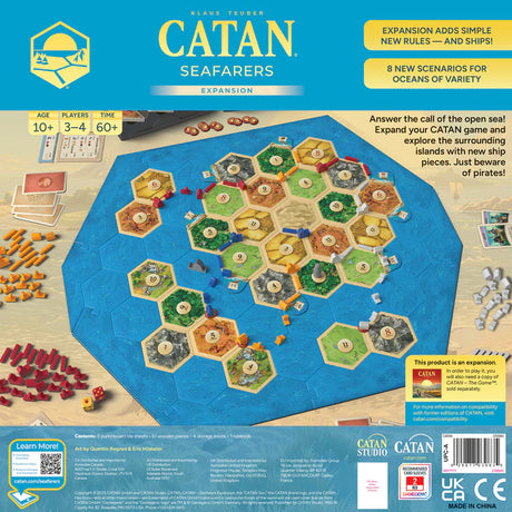 Catan Seafarers board game expansion packaging with hexagonal tiles and game pieces.