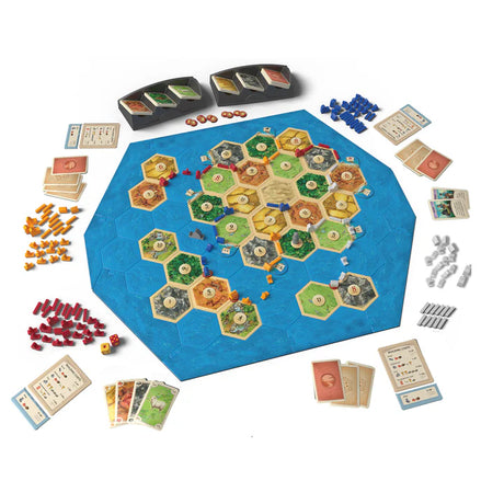 Catan: Seafarers Expansion 6th Edition board game with colorful hexagonal tiles and various game pieces on a white background