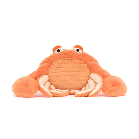 Soft orange plush toy crab with large eyes and detailed legs, designed as a friendly toy called Pinchsnap Crab.