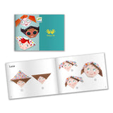 Instruction booklet showing step-by-step origami paper folding to create a character face, part of the Pretty Faces Origami Paper Craft Kit.