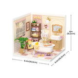 Rolife Pop Bubble Bathroom kit with furniture and accessories, including a bathtub and shelves, with dimensions indicated.