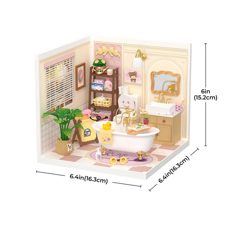 Rolife Pop Bubble Bathroom kit with furniture and accessories, including a bathtub and shelves, with dimensions indicated.