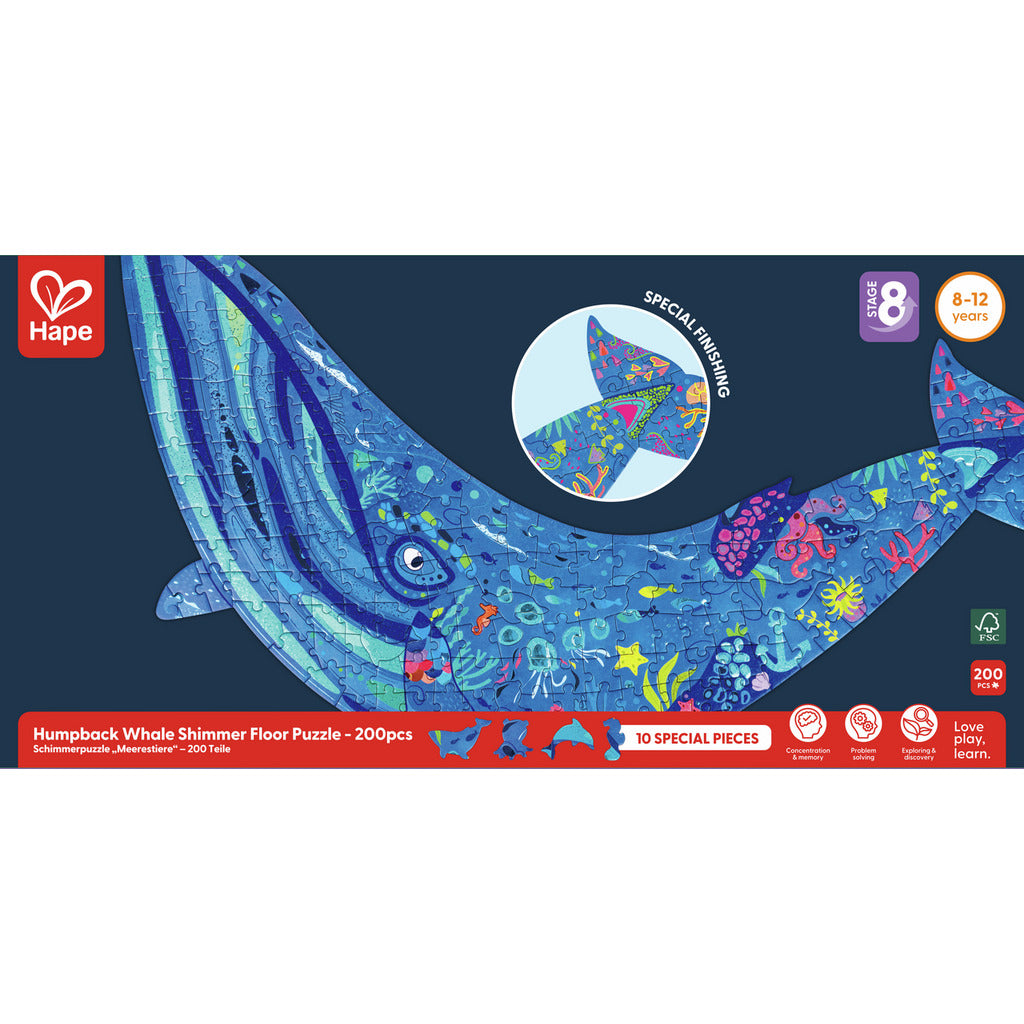 Humpback Whale Shimmer Floor Puzzle packaging with Hape logo on a white background