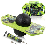 Green Mean Pogo Trick Board  with black ball and pump, Flybar packaging in the background