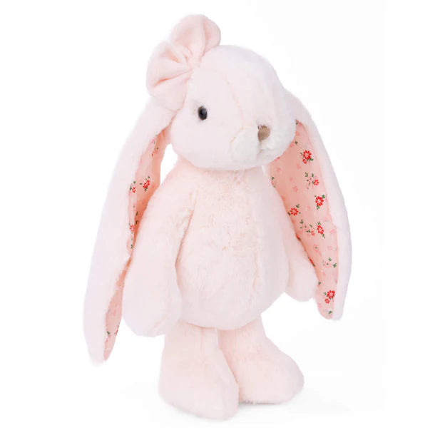 Pink plush Friendly Kanina - Floral Pink bunny with floral details on a white background