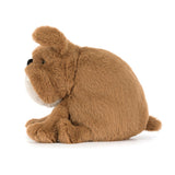 Brown plush Derreck Dog toy on a white background