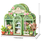 Green Fountain Garden, Super Mini Houses with plants and flowers, featuring dimensions on a white background.