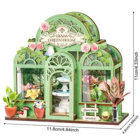 Green Fountain Garden, Super Mini Houses with plants and flowers, featuring dimensions on a white background.