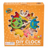 Heebie Jeebies DIY Clock toy set in its orange retail packaging, featuring colorful gears and clock parts visible through a die-cut window on the box.