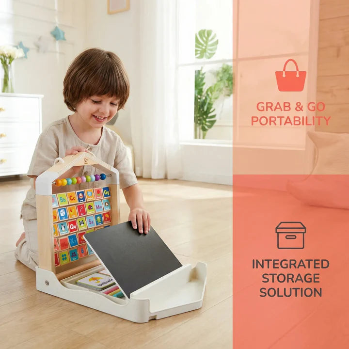 Child playing with a educational Alphabet Learning Pack in a bright room with text about portability and storage.