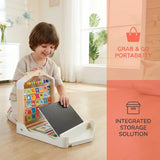 Child playing with a educational Alphabet Learning Pack in a bright room with text about portability and storage.