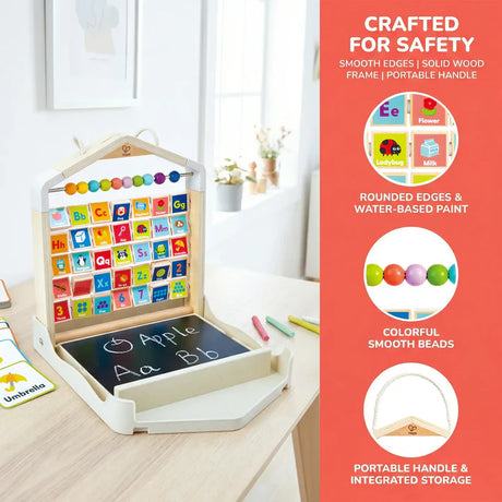 Children's educational Alphabet Learning Pack with colorful letters and numbers on a wooden stand, placed on a table.