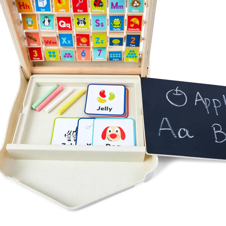 Educational Alphabet Learning Pack with alphabet blocks, flashcards, and a chalkboard on a white background