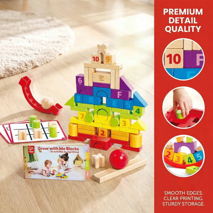 Colorful wooden Grow With Me Blocks with numbers and letters on a wooden surface, accompanied by promotional text about premium quality.